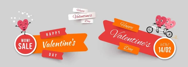 Valentines day banners, set papercut ribbon with funny animated hearts Stock Vektory