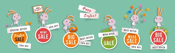 Easter sale set of round banners with cute bunnies and easter eggs Royalty Free Stock Illustrations