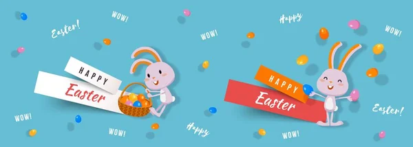 Veselé Velikonoce sada papíru řezané transparenty s roztomilými zajíčky a velikonoční vajíčka — Stockový vektor
