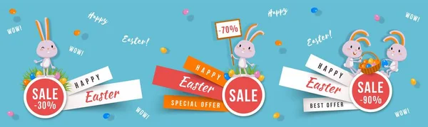 Happy Easter set of paper cut banners with cute bunnies and Easter eggs Stock Vector