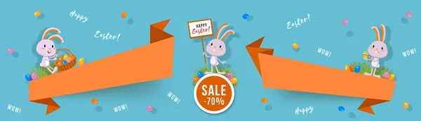 Happy Easter set of paper cut banners with cute bunnies and Easter eggs — Stock Vector