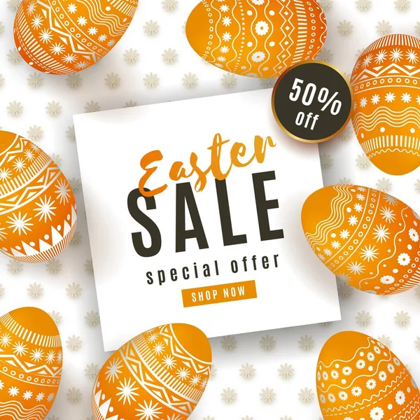 Glad påsk Försäljning banner med målade orange 3D-ägg Minimal monokrom design — Stock vektor