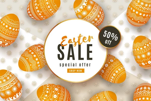 Happy Easter Sale banner with painted orange 3D eggs Minimal monochrome design Vector Graphics