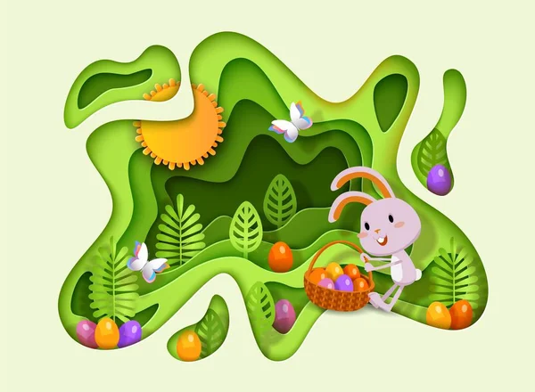 Пасхальная распродажа векторного баннера с кроликом, яйцами, корзиной, стилизованными растениями — стоковый вектор