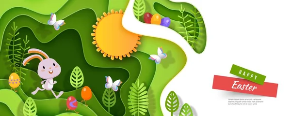 Pasen Verkoop papercut vector banner met konijn, eieren, mand, gestileerde planten — Stockvector