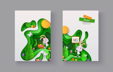 Paskalya kağıt kesim taşıyıcı A4 Bunny, yumurta, sepet, stilize ağaçlar