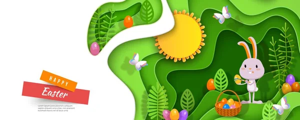 Diseño en capas de corte en papel de Pascua con conejito, huevos, cesta, plantas estilizadas — Archivo Imágenes Vectoriales