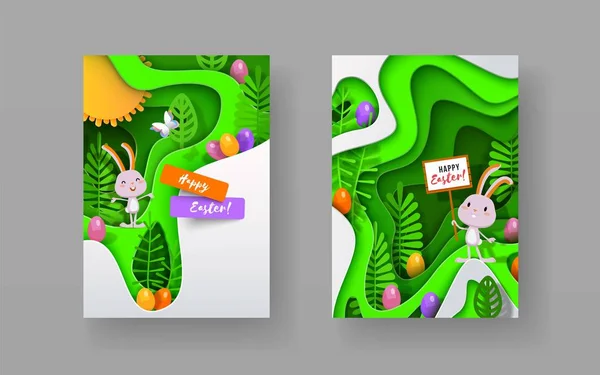 Pasen papercut vector banner A4 met konijn, Paaseieren, gestileerde bomen — Stockvector