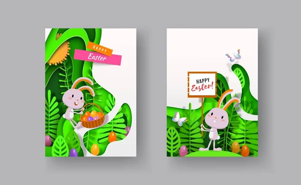 Påsk papercut vektor banner A4 med kanin, ägg, korg, stiliserade träd — Stock vektor