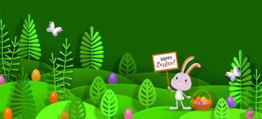 Easter papercut layered design with bunny, eggs, stylized trees Vector clipart