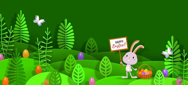 Velikonoční papír vrstvený design s králíčkem, vejci, stylizované stromy Vektor — Stockový vektor