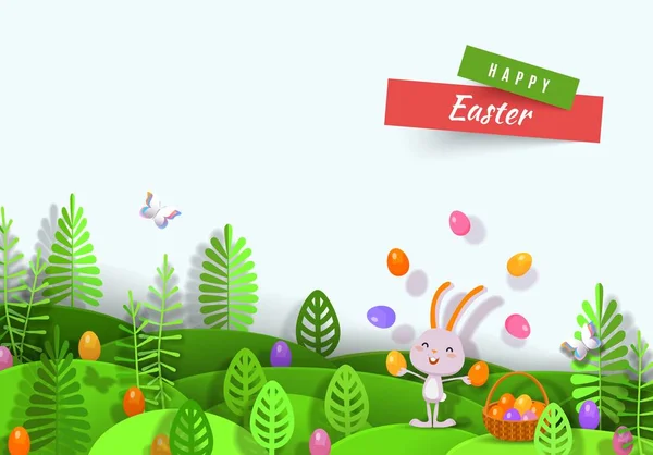 Velikonoční papír vrstvený design s králíčkem, vejci, stylizované stromy Vektor — Stockový vektor