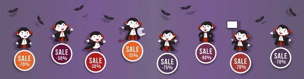 Venta Halloween Descuentos Conjunto Pancartas Redondas Con Vampiros Murciélagos Lindos — Vector de stock
