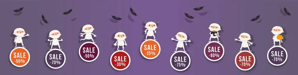 Halloween Sale Discounts Set Banners Cute Mummy Bats Isolated Vector — Stock Vector