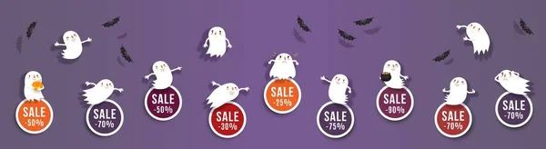 ハロウィンセール かわいい幽霊やコウモリと丸いバナーの割引セット お祝いの販売のデザインのための面白いハロウィン文字と隔離されたベクトルクリップ — ストックベクタ