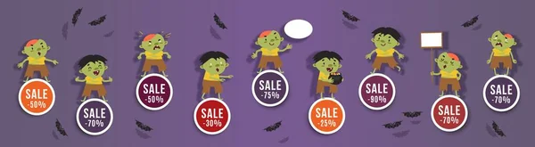 Venda Halloween Descontos Conjunto Banners Redondos Com Zumbis Bonitos Morcegos — Vetor de Stock