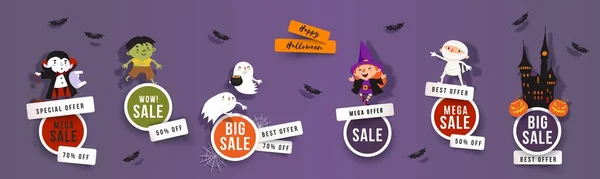 Halloween Sale Discounts Set Banners Cute Witch Vampire Ghost Zombie — Stock Vector