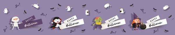 Hola Halloween Set Papel Cortar Pancartas Con Bruja Linda Vampiro — Vector de stock