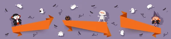 Ciao Halloween Set Striscioni Carta Con Strega Carina Vampiro Fantasma — Vettoriale Stock