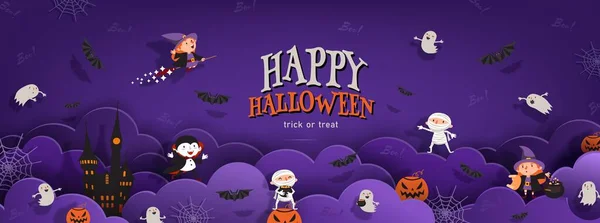 Happy Halloween Banner Trick Oder Behandeln Mit Nachtwolken Hexe Vampir — Stockvektor