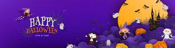 Feliz Truque Banner Halloween Deleite Com Nuvens Noturnas Bruxa Vampiro Ilustrações De Stock Royalty-Free