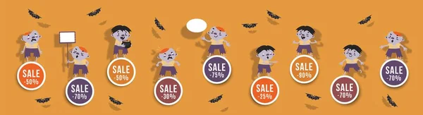 Halloween Sprzedaż Zestaw Okrągłych Banerów Cute Zombie Nietoperze Izolowany Wektor — Wektor stockowy