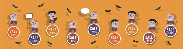 Halloween Vente Ensemble Bannières Rondes Avec Zombie Mignon Chauves Souris — Image vectorielle