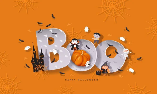 Halloween Boo Rolig Inskription Med Pumpor Häxa Mumie Zombie Vampyr Stockillustration