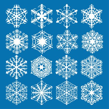 Kar tanesi vektör simge arka plan mavi rengini ayarlayın. Kış beyaz Noel kar tanesi kristal öğesi. Hava illüstrasyon buz koleksiyonu. Xmas frost düz izole siluet simge