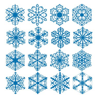 Kar tanesi vektör simge arka plan mavi rengini ayarlayın. Kış beyaz Noel kar tanesi kristal öğesi. Hava illüstrasyon buz koleksiyonu. Xmas frost düz izole siluet simge