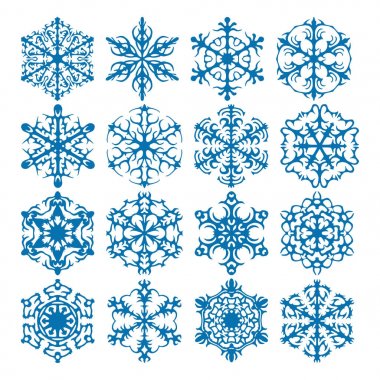 Kar tanesi vektör simge arka plan mavi rengini ayarlayın. Kış beyaz Noel kar tanesi kristal öğesi. Hava illüstrasyon buz koleksiyonu. Xmas frost düz izole siluet simge