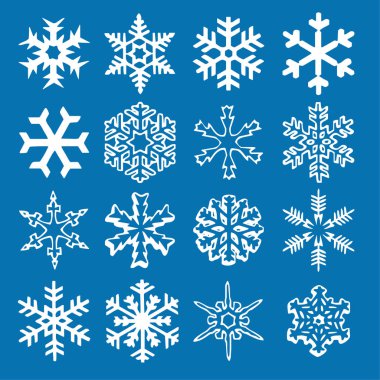 Kar tanesi vektör simge arka plan mavi rengini ayarlayın. Kış beyaz Noel kar tanesi kristal öğesi. Hava illüstrasyon buz koleksiyonu. Xmas frost düz izole siluet simge