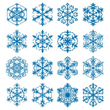 Kar tanesi vektör simge arka plan mavi rengini ayarlayın. Kış beyaz Noel kar tanesi kristal öğesi. Hava illüstrasyon buz koleksiyonu. Xmas frost düz izole siluet simge