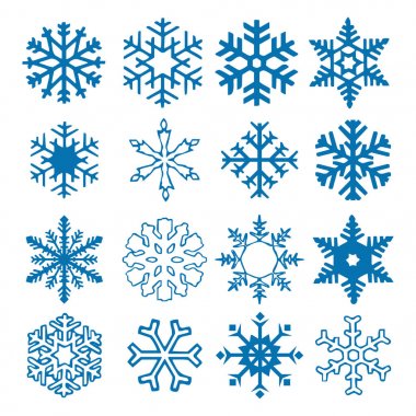 Kar tanesi vektör simge arka plan mavi rengini ayarlayın. Kış beyaz Noel kar tanesi kristal öğesi. Hava illüstrasyon buz koleksiyonu. Xmas frost düz izole siluet simge