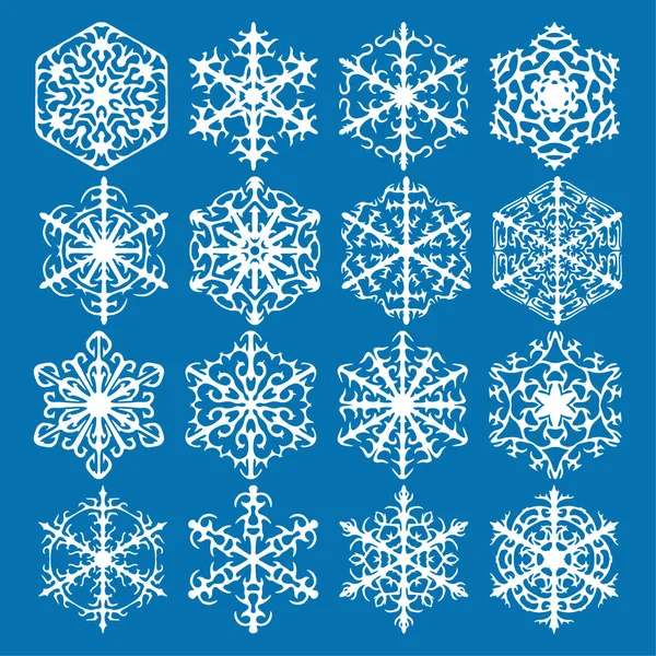 Kar tanesi vektör simge arka plan mavi rengini ayarlayın. Kış beyaz Noel kar tanesi kristal öğesi. Hava illüstrasyon buz koleksiyonu. Xmas frost düz izole siluet simge