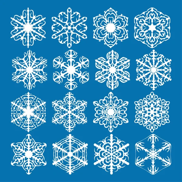 雪花矢量图标背景设置蓝色 冬季白色圣诞雪花片水晶元素 天气例证冰汇集 圣诞节霜平隔离剪影符号 — 图库矢量图片