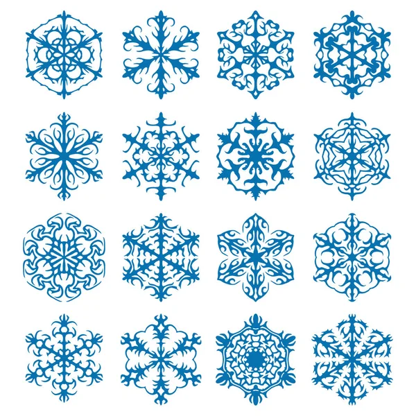 Kar tanesi vektör simge arka plan mavi rengini ayarlayın. Kış beyaz Noel kar tanesi kristal öğesi. Hava illüstrasyon buz koleksiyonu. Xmas frost düz izole siluet simge