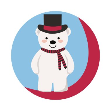 Yeni yıl karakter. Siyah şapka ve atkı ile komik mutlu ayı. Güzel, gülümseyen ayı ile güzel vektör çizim. Noel kartı, poster. Hisse senedi vektör. 