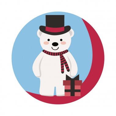 Yeni yıl karakter. Siyah şapka, eşarp ve hediye ile komik mutlu ayı. Güzel, gülümseyen ayı ile güzel vektör çizim. Noel kartı, poster. Hisse senedi vektör. 