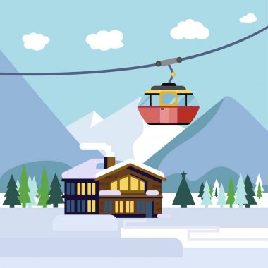 Serin vektör ski resort mountain lodge, çam ağaçları ve füniküler, yatay ayrıntılı. Kış sporları tatil hedef kavramı arka plan