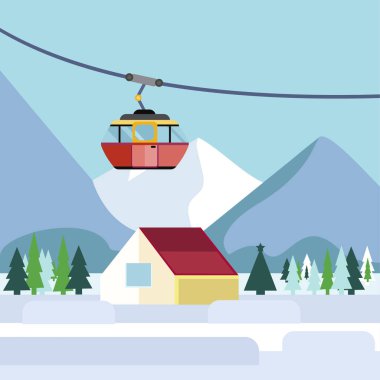 Vektör ski resort dağ manzarası lodge, çam ağaçları ve füniküler ile ne yapıyorsun? Kış sporları tatil hedef kavramı arka plan