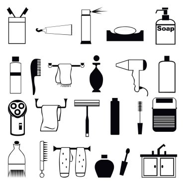 Banyo simgeler. düzenlenebilir anahat banyo simgeler kümesi: duş, sabun, havlu, kağıt havlu, sıvı sabun, tuvalet, asılı bez