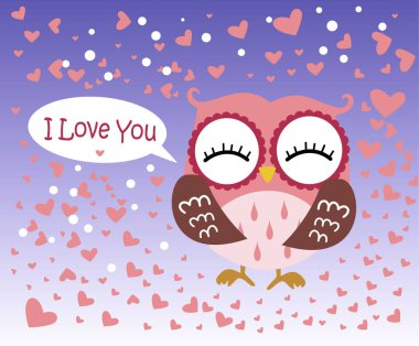 Sevgililer günün kutlu olsun! Degrade mavi zemin üzerine sevimli düz pembe baykuş ile Sevgililer günü kartı. Vektör çizim. Seni seviyorum.