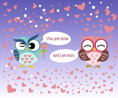 Sevgililer günün kutlu olsun! Sevgililer günü kartı ile sevimli düz pembe ve mavi baykuş çiçek degrade mavi arka plan ile. Vektör çizim. Sen benimsin ve ben seninim.