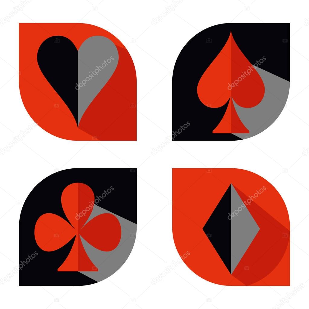 Set of vector playing card suit icon symbols. Red and black flat. Hearts, Spades, Diamonds, Clubs.