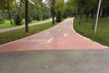Her iki tarafı ve çim üzerinde ağaçları ile bir cadde üzerinden görünürlük aşağı. Yolun üzerindeki oku.