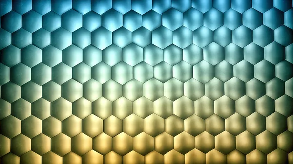 Abstract blue and yellow gradient hexagon background with metal texture. Polygonal surface.