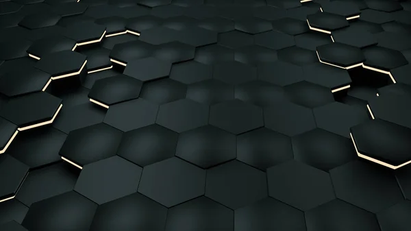 Abstract black hexagon background with metal texture and yellow lightning. Polygonal dark surface.