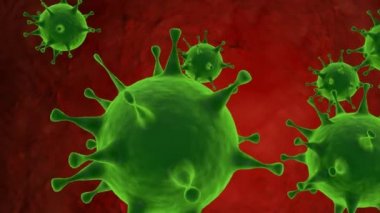Kırmızı arka planda yeşil koronavirüs animasyonu. 2019-Ncov vücudun içinde. Asya gribi salgını ve koronavirüs salgını için solunumu tehlikeli grip vakaları olarak kabul edin. 3d oluşturma.