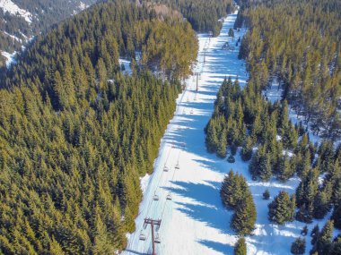 Dağ manzarası, orman ve kablo. Manzara. Kış Doğası. Kayak üssü üzerinde uçuş. Terskey Alatoo Dağları, Tian-Shan, Karakol, Kırgızistan
